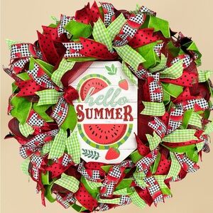 Handmade 26” Hello Summer Handmade Watermelon Deco Mesh Wreath Door Decor